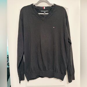Tommy Hilfiger Men's Black V-Neck Knit Sweater with Flag Logo